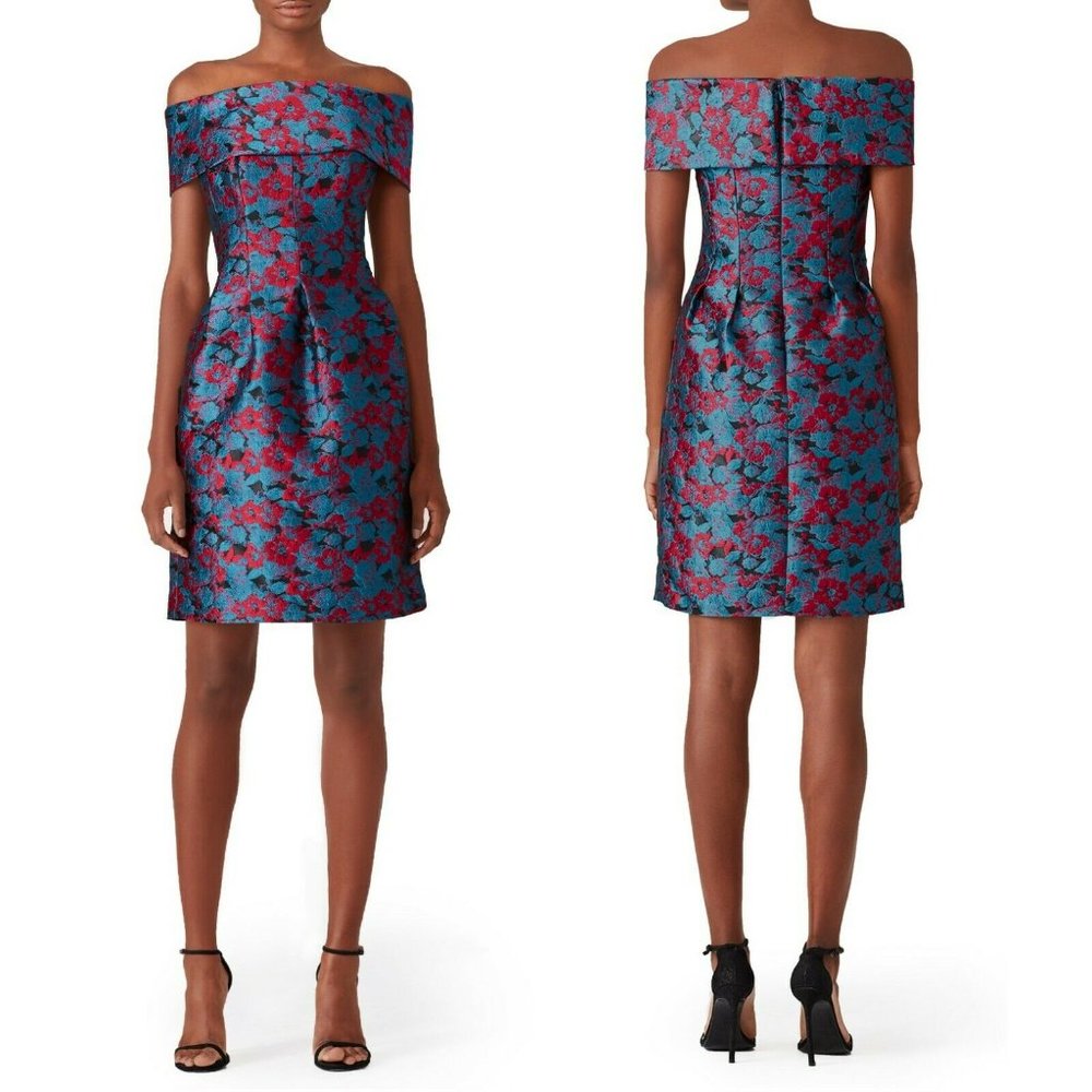 Slate & Willow Off Shoulder Cap Sleeve Blue Floral Jacquard Dress